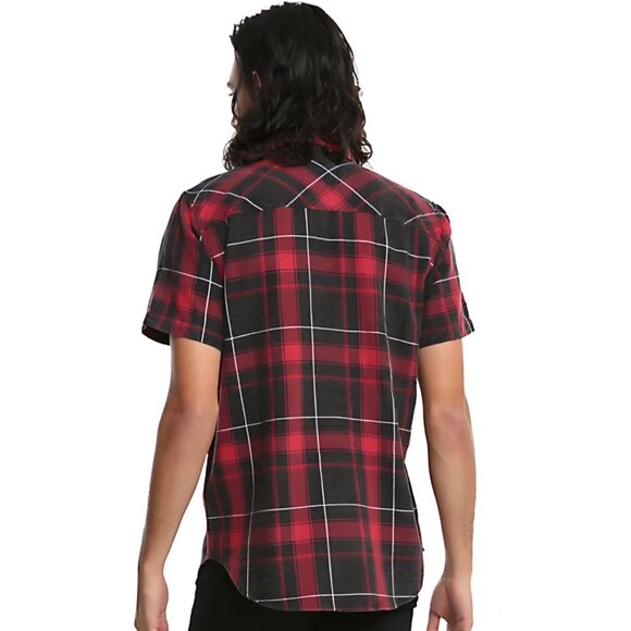 RUDE by Hot Topic ✦ Red & Black Plaid Button-Up Shirt ✦ Short Sleeve Grunge XL - Picture 2 of 5
